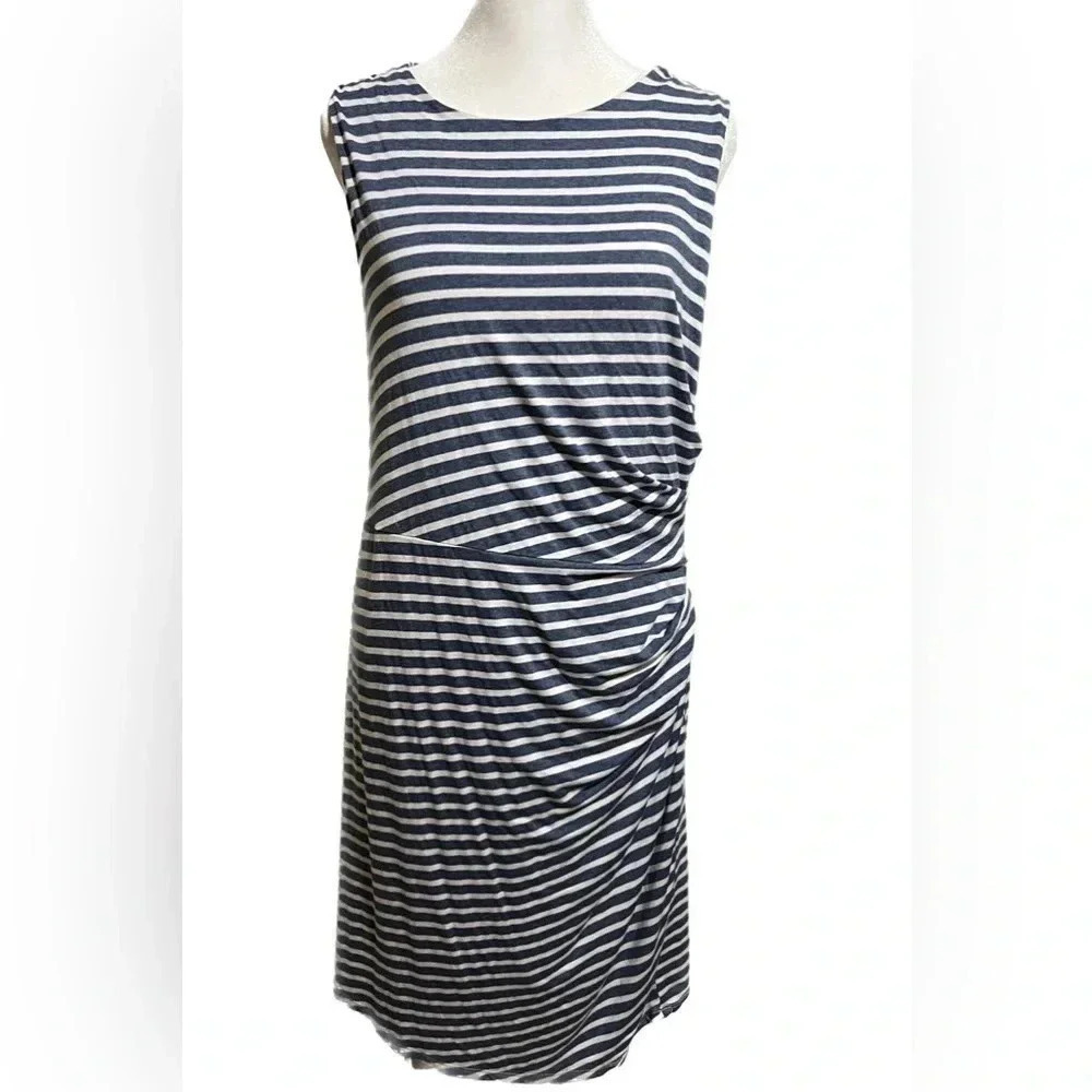Gibson blue/white stripes side ruched dress medium